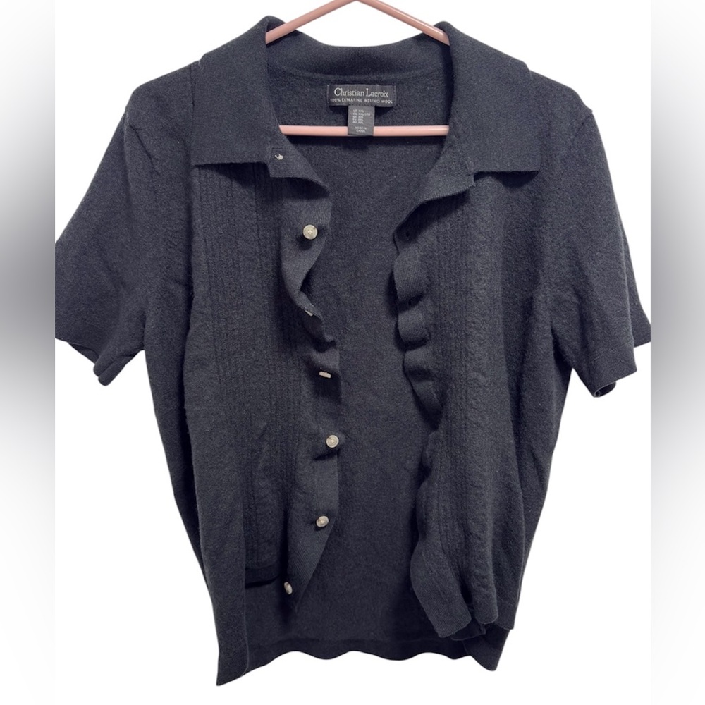 Christian Lacroix extra fine merino wool black short sleeve cardigan women’s XXL